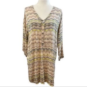 John Eshaya | Women's Ivory Chevron Boho Casual Mini Dress 3/4 Sleeve V-neck
